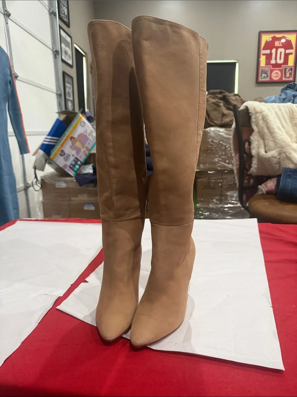 ANTONIO MELANI Tan Over-the-Knee Pointed Toe Heel Boots